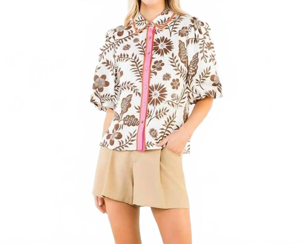 NEW THML floral short sleeve blouse in brown & pink